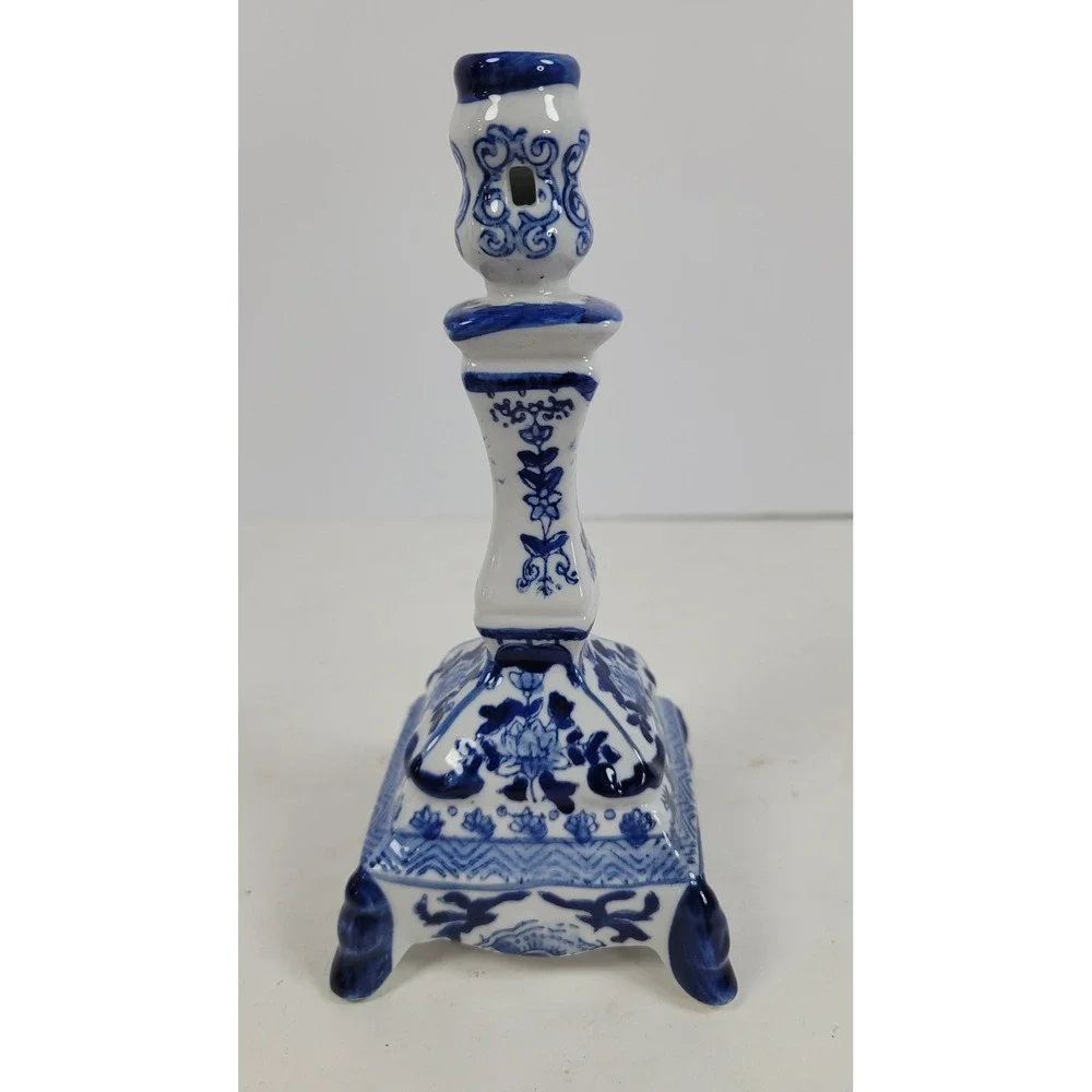 Blue White Porcelain Candlestick holders Continental Pair Chinoiserie Floral 8In